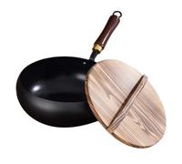 Poêle japonaise en fer avec couvercle en bois, poêle à repasser antiadhésive forgée à la main, poêle à frire de 24 cm, sans revêtement chimique, wok chinois à fond plat pour cuisinières électriques, à