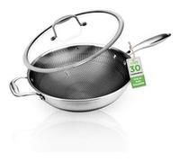 Nutrichef-Wok 30 cm, Poêle wok en Acier Inoxydable, Couvercle en Verre, Revêtement Antiadhésif avec Gravure DAKIN, Résistant aux Rayures,Pour Induction, Gaz, Electricité et Céramique
