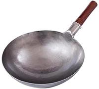 Poêle Wok en Fonte Wok Traditionnel Chinois Et Poêle À Frire Fond Rond avec Manche en Bois,Argent,32cm,YUYANAIAI