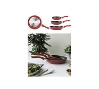 SET DE 3 POÊLES EN ALUMINIUM FORGE ROUGE antiadhésif finition aspect pierre tous feux dont induction Manche en silicones