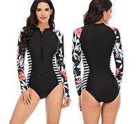 POENVFPO Combinaison de Plongée pour Femmes, Maillot de Bain Une Pièce à Manches Longues avec Fermeture éclair sur Le Devant et Coussinet de Poitrine Amovible pour la Natation, Le Surf et (XXL)