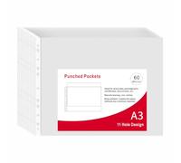 POERMA Pochettes Perforées A3, 50 Pièces Pochettes Plastiques A3, 60 Micron | Pochette Perforées en Polypropylène Cristal, 11 Trou pour 2 / 3 / 4 Anneaux, pour École, Bureau
