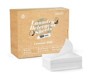 Poesie Lot de 160 feuilles de détergent à lessive au parfum de lait de noix de coco sans plastique portables pour le lavage des vêtements essentiels en intérieur et en extérieur