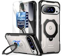 Poetic Coque pour Pixel 10 Pro XL, coque de protection de qualité militaire anti-chute, anneau magnétique rotatif à 360°, protection d'écran en verre trempé, compatible avec MagSafe, noir/transparent