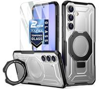 Poetic Spartan Coque avec anneau de support pour Samsung Galaxy S25 FE, bouton de contrôle de l'appareil photo | 2 protecteurs d'écran en verre trempé | Compatible Magsafe | Coque Galaxy S25 FE - Noir