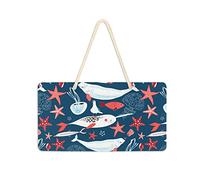 Poeticcity Panneau de porte à suspendre en PVC bleu foncé avec baleines de mer blanches, méduses et étoiles de mer rouges, 35,1 x 24,9 cm pour porche, jardin, cour, maison, façade de ferme, panneaux
