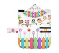 Poeticcity Serviette douce pour chiens et chats, peignoir de bain absorbant avec capuche, col réglable et sangle ventrale, S hiboux colorés sur une branche nuage au-dessus d'une clôture avec fleurs