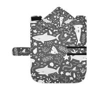 Poeticcity Serviette douce pour chiens et chats, peignoir de bain absorbant avec capuche, col réglable et sangle ventrale, taille S, sans couture, blanc, requins, mauvaises herbes, étoiles de mer sur