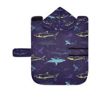 Poeticcity Serviette douce pour chiens et chats, peignoir de bain absorbant avec capuche, col réglable et sangle ventrale, taille S, sans couture, jaune, violet, turquoise, requins sur le style foncé