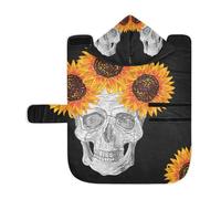 Poeticcity Serviette douce pour chiens et chats, peignoir de bain absorbant avec capuche, col réglable et sangle ventrale, motif tête de mort en sucre avec tournesols oranges sur noir