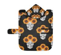 Poeticcity Serviette douce pour chiens et chats, peignoir de bain absorbant avec capuche, col réglable et sangle ventrale, motif tête de mort en sucre avec tournesols oranges sur style noir