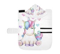 Poeticcity Serviette douce pour chiens et chats, peignoir de bain absorbant avec capuche, col réglable et sangle ventrale, M mignonne licorne assise dessin animé avec cœurs, isolé sur blanc