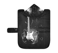 Poeticcity Serviette douce pour chiens et chats, peignoir de bain absorbant avec capuche, collier réglable et sangle ventrale, guitare M brûlant feu ardent avec notes de musique feux d'artifice