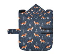 Poeticcity Serviette douce pour chiens et chats - Peignoir de bain absorbant avec capuche réglable et sangle ventrale - Taille M - Motif renards oranges sans couture sur la neige - Forêt bleu foncé