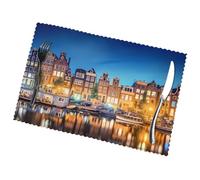 Poezjzw Amsterdam Lot de 6 sets de table antidérapants en polyester résistant à la chaleur Lavable Motif vue nocturne