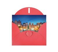 POEZJZW Amsterdam Night View Carte de vœux vierge en papier nacré avec enveloppe rouge pour anniversaire de mariage