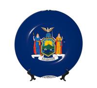 POEZJZW Assiettes décoratives à motif drapeau de New York - Décoration pour la maison et le bureau - 1 assiette et 1 présentoir de 17,8 cm