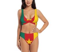 POEZJZW Bikini taille haute pour femme - Bretelles larges - Deux pièces - Imprimé drapeau du Cameroun, Noir , XL