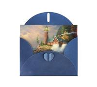 POEZJZW Carte de vœux vierge en papier nacré avec motif vague et phare de la côte - Avec enveloppe bleue