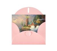POEZJZW Carte de vœux vierge en papier nacré avec motif vague et phare de la côte - Avec enveloppe rose