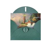 POEZJZW Carte de vœux vierge en papier nacré avec motif vague et phare de la côte pour anniversaire, mariage, invitation avec enveloppe vert foncé