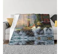 POEZJZW Couverture de lit en flanelle à motif vague et phare de la côte - Couverture confortable douce et chaude pour canapé ou chambre à coucher - 203,2 x 152,4 cm