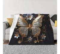 POEZJZW Couverture en flanelle à motif papillons dorés et blancs 127 x 101,6 cm pour canapé, canapé, soirée cinéma, camping et voyage