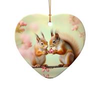 Poezjzw Décoration de Noël en céramique en forme de cœur avec deux écureuils cueillant de la nourriture, cadeaux pour les vacances de Noël, décorations pour la maison