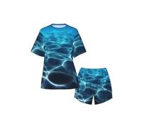 POEZJZW Ensemble de pyjama court bleu océan profond pour femmes, haut à manches courtes, short de pyjama 2 pièces, t-shirt et short de détente d'été, Noir , M