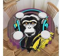 POEZJZW Nappe décorative ronde en dentelle avec motif singe écoutant de la musique - 152,4 cm - Résistante aux éclaboussures et à l'huile - Convient pour les tables à manger et les tables basses