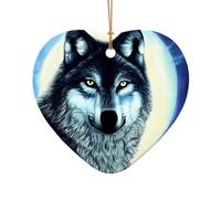 Poezjzw Pendentif de Noël en céramique en forme de cœur avec motif loup sous la lune, convient pour la maison, les centres commerciaux et les fêtes de fin d'année