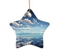 Poezjzw Pendentif de Noël en céramique en forme d'étoile avec motif nuages blancs au-dessus de la mer, convient pour la maison, les centres commerciaux et les fêtes de fin d'année