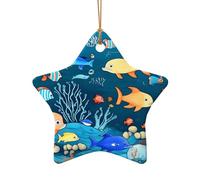 Poezjzw Pendentif de Noël en céramique en forme d'étoile Bleu Motif monde sous-marin de poisson Convient pour la maison, les centres commerciaux et les fêtes de fin d'année