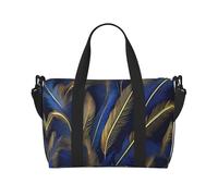 Poezjzw Sac de voyage à plumes bleues et dorées - Sac fourre-tout résistant à l'eau - Pour le week-end - Pliable - Noir - Taille unique, Noir , Taille unique