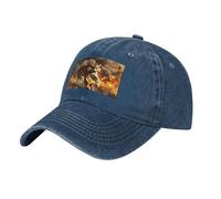 POEZJZW Tiger in The Fire Pattern Around Vintage Réglable Queue de Cheval Cowboy Casquette Baseball Gym Casquettes pour Femmes, Hommes Femmes Cadeaux Noir, bleu marine, Taille unique