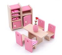 POFET Enfants Salle à Manger en Bois Maison de poupée Meubles Miniatures Table à Manger chaises Armoire Jouet Ensemble poupée Famille Faire Semblant Jouer Accessoires