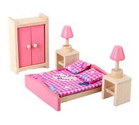 POFET Ensemble de jeu en bois rose pour chambre à coucher, maison de poupée, ensemble de meubles miniatures réalistes pour lit, armoire, coiffeuse, berceau