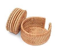 POFET Lot de 6 dessous de verre en rotin tissé à la main pour tasse de thé, assiette de base et plats isolés pour cuisine ou maison de thé - Avec support (rotin, 10 cm de rond)