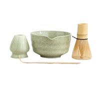 Poggapp Ensemble de 4 pièces à matcha japonais en céramique et bambou vert avec bol, fouet, pelle et support