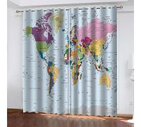 POGIB Rideau Chambre Enfant Bebe Fille Garcon Adultes Ado 3D Carte du Monde Colorée Rideaux Occultants Thermiques Isolants Anti Chaleur Rideau À Oeillets 117X137Cm Lot De 2 Rideau Fenetre Phonique