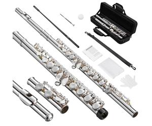 POGOLAB Flûte Traversière, Flûte C à Plateaux Ouverts, Sol Décalé, Flûte en Nickel Plaqué Argent, avec Étui Rigide/Kit de Nettoyage, pour Groupe de Musique Scolaire