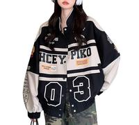 POHADON Veste universitaire pour femme Patchwork manches longues Bomber Course Letterman Vestes Color Block Y2k Vintage Streetwear, Noir , M