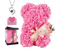 POHOMEGK Cadeau d'anniversaire pour femme, ours en peluche rose avec collier, bouquet de roses, anniversaire de mariage, fête des mères, Saint-Valentin pour petite amie, épouse, maman, fille (rose)