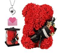 POHOMEGK Cadeau de Saint-Valentin pour elle - Cadeau d'anniversaire pour femme, ours en peluche rose pour petite amie, ours à fleurs avec bouquet de roses et collier, anniversaire de mariage pour