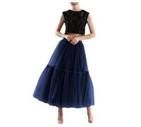 Pohullan Jupes longues en tulle pour femme - Jupe plissée gothique noire - Jupe d'été et d'hiver, bleu marine, taille unique