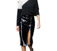Pohullan Jupes midi en cuir verni brillant pour femme avec fente latérale et fermeture éclair intégrale en cuir PU taille haute, Noir , 40