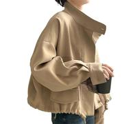 Pohullan Veste à col montant pour femme - Manteau court décontracté - Trenchcoats ourlet cordon de serrage - Manteau simple boutonnage, kaki, XXL