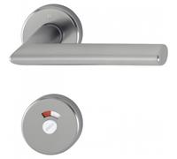 Poignée de porte double sur rosaces rondes Stockholm finition inox - à condamnation avec voyant HOPPE