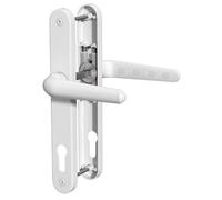 Poignée de porte UPVC blanche axe 92 mm entraxe 210 mm plaque 243 mm avec ressort de rappel intégré pour porte d'entrée