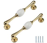 Poignée Meuble 2 Pièces Poignée En Porcelaine Dorée Style Chinois Bouton De Porte De Garde-Robe Et Poignée Bouton De Porte De Tiroir De Meuble,Porcelaine Blanche 128mm